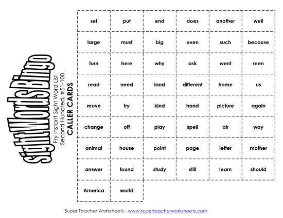 Level 2: Second Hundred - Fry Bingo: Second Hundred 51-100 (Printable PDF Worksheet)