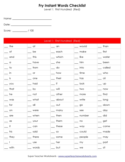 Fry Instant Word Checklist - Fry Word Checklists (Printable PDF Worksheet)