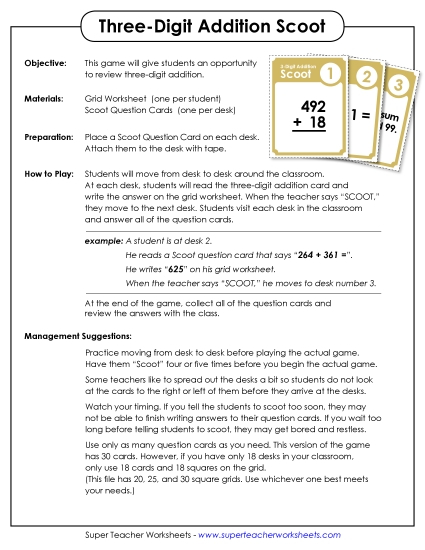Addition (3-Digit Addends) - Game: 3-Digit Addition Scoot (Printable PDF Worksheet)