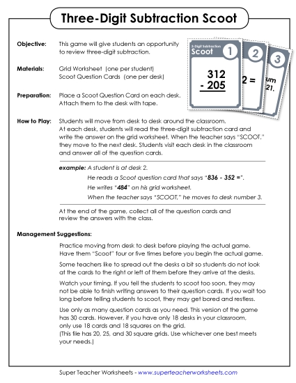 Math Games and Task Cards - Game: 3-Digit Subtraction Scoot! (Printable PDF Worksheet)