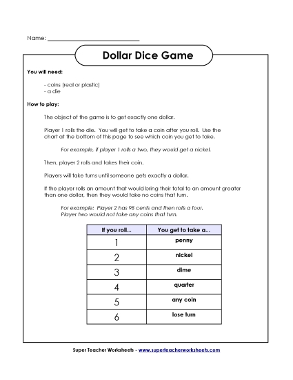 Coins Only (No Bills) - Game: Dollar Dice (Printable PDF Worksheet)