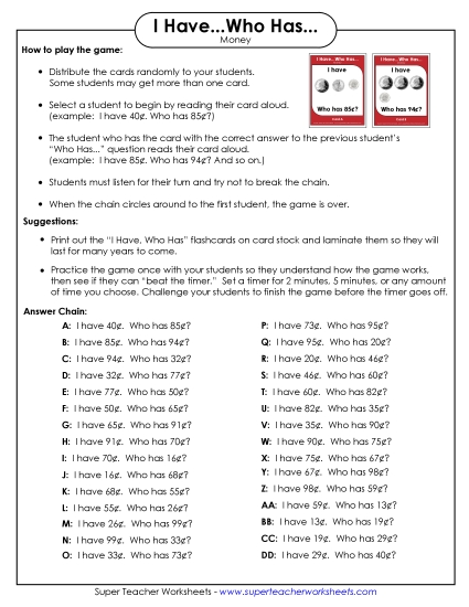 Coins Only (No Bills) - Game: I Have / Who Has (Printable PDF Worksheet)