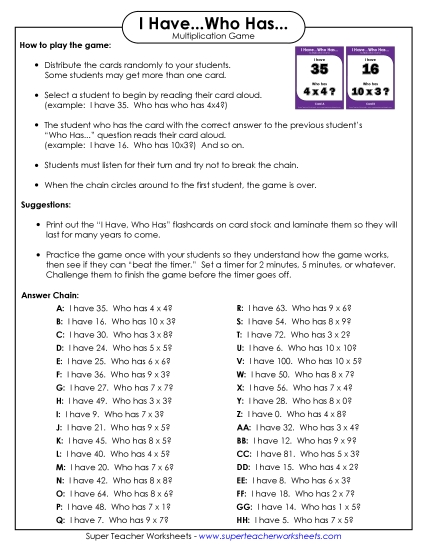 Worksheets and Games - Game: Multiplication Game: I Have / Who Has (Printable PDF Worksheet)