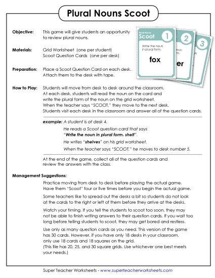 Skill Worksheets Plural Nouns (Not Specific to E-7) - Game: Plural Noun Scoot! (Printable PDF Worksheet)