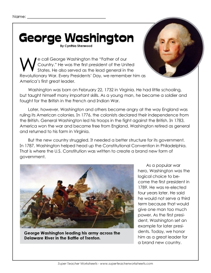 Reading Comprehension - George Washington Article (Printable PDF Worksheet)