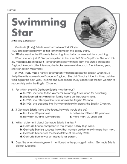 Gertrude Ederle  (Printable PDF Worksheet)