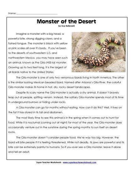 Reptiles - Gila Monster (Printable PDF Worksheet)