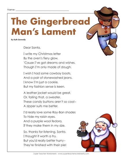Holiday Poems - Gingerbread Man's Lament (Christmas) (Printable PDF Worksheet)