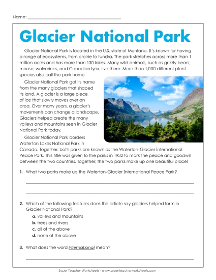 Non-Fiction - Glacier National Park (Printable PDF Worksheet)