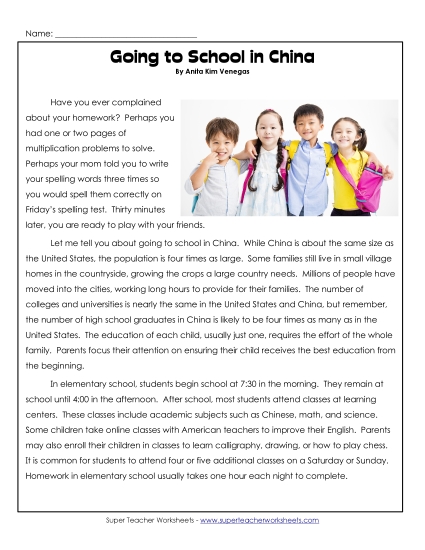 Reading Comprehension - Going to School in China (Printable PDF Worksheet)