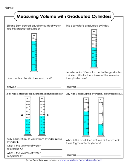 Intermediate - No Decimals - Grad Cylinders - Math Problems (Printable PDF Worksheet)