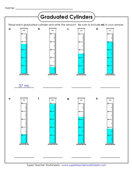 Intermediate - No Decimals - Graduated Cylinders (10s) (Printable PDF Worksheet)