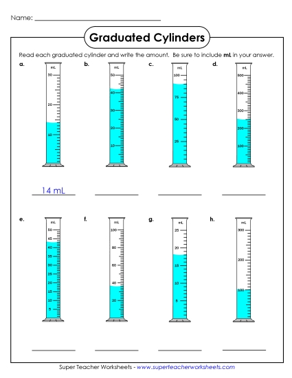 Intermediate - No Decimals - Graduated Cylinders (Mixed - No Decimals) (Printable PDF Worksheet)