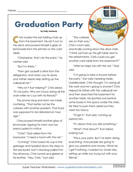 Fiction Stories - Graduation Party (Printable PDF Worksheet)