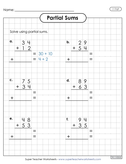 Partial Sums - Graph Paper Addition (2-Digit, Partial Sums) (Printable PDF Worksheet)