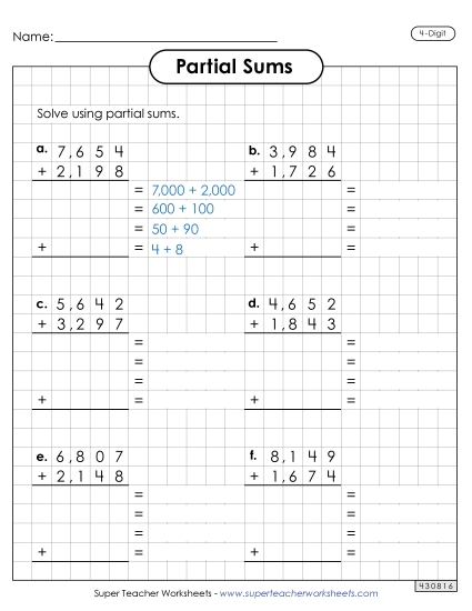 Partial Sums - Graph Paper Addition (4-Digit, Partial Sums) (Printable PDF Worksheet)