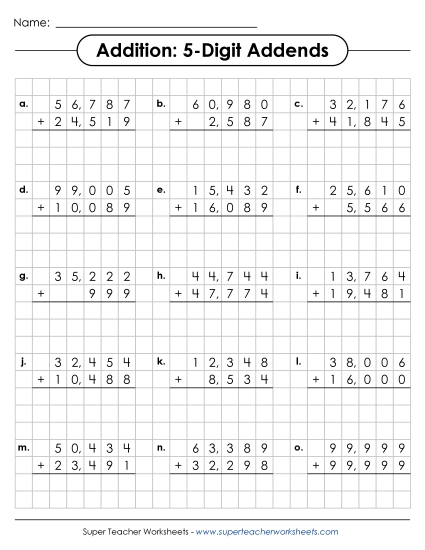 5-Digit Addition - Graph Paper Addition (5-Digit Addends) (Printable PDF Worksheet)
