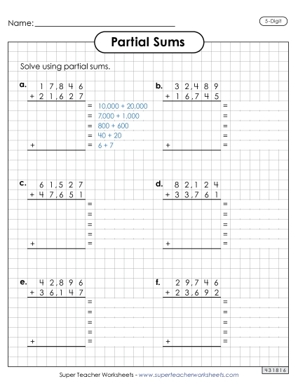 Partial Sums - Graph Paper Addition (5-Digit, Partial Sums) (Printable PDF Worksheet)