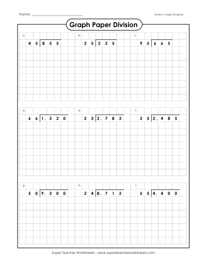 2-Digit Divisors 2 and 3-Digit Dividends - Graph Paper Division: 2-Digit Divisors (Printable PDF Worksheet)