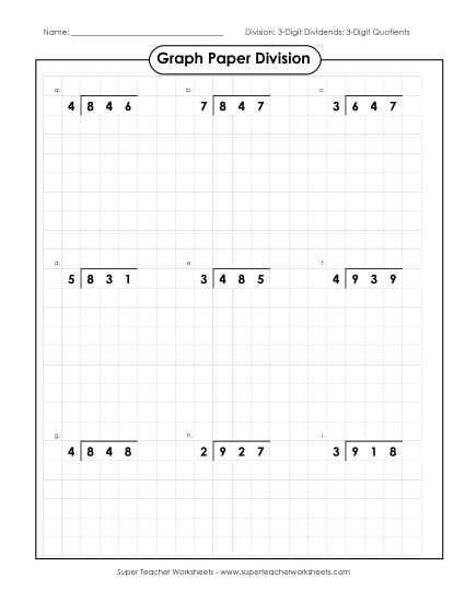 3-Digit Dividends - Graph Paper Division (B) (Printable PDF Worksheet)