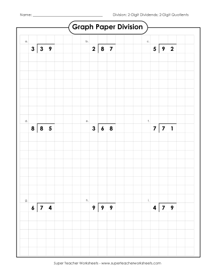 2-Digit Dividends (Remainders) - Graph Paper Division (Printable PDF Worksheet)