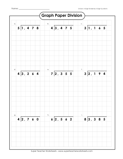 4-Digit Dividends - Graph Paper Division (Printable PDF Worksheet)
