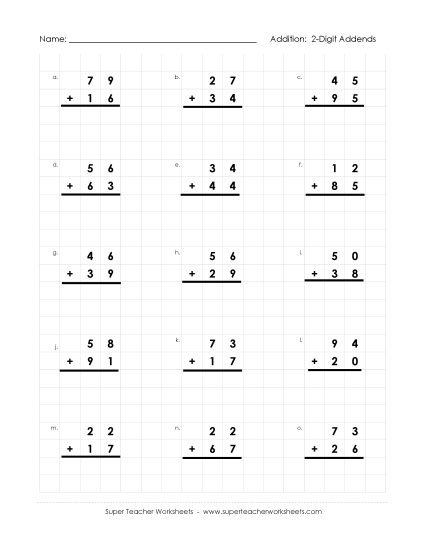Worksheets (2-Digit Addends) - Graph Paper Math:  2-Digit Addends (Regrouping) (Printable PDF Worksheet)