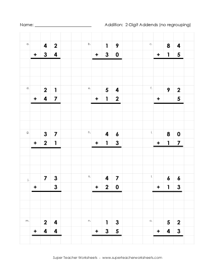 Addition (No Borrowing) - Graph Paper Math: 2-Digit Addition (No Regrouping) (Printable PDF Worksheet)