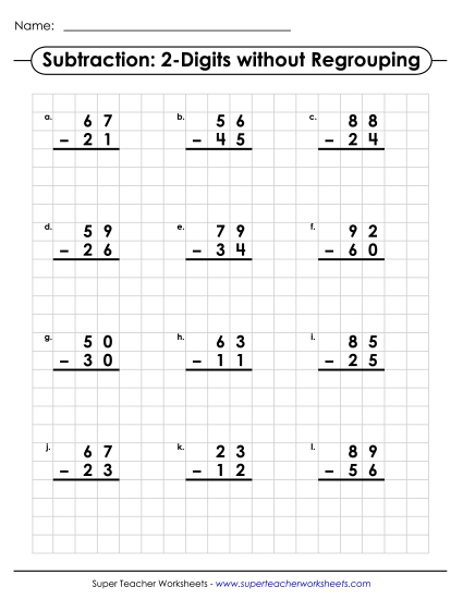 Subtraction Worksheets (No Borrowing) - Graph Paper Subtraction (2-Digits / No Regrouping) (Printable PDF Worksheet)