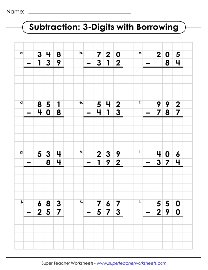 Graph Paper Math - Graph Paper Subtraction (3-digits / Regrouping) (Printable PDF Worksheet)