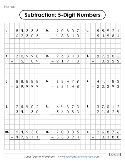 Worksheets - Graph Paper Subtraction (5-Digit) (Printable PDF Worksheet)