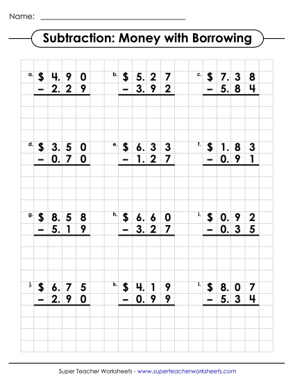 Subtracting Money Worksheets - Graph Paper Subtraction: Money (Printable PDF Worksheet)