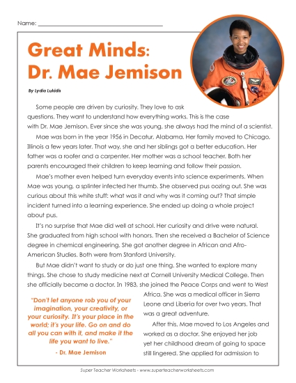 Reading Comprehension - Great Minds: Dr. Mae Jemison (Printable PDF Worksheet)