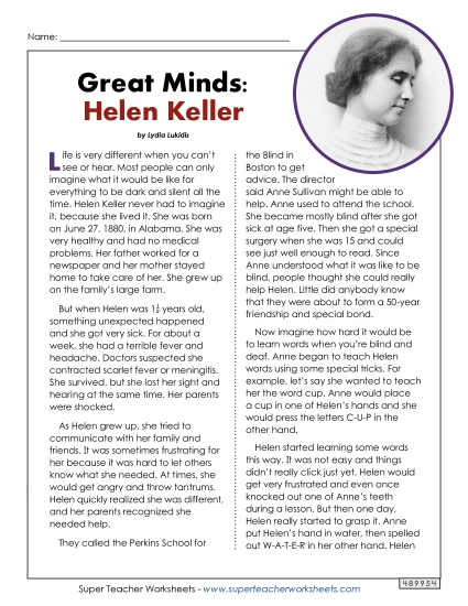 Biography - Great Minds: Helen Keller (Printable PDF Worksheet)