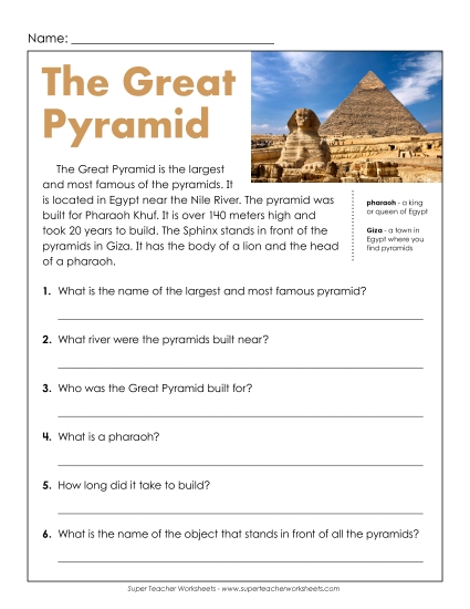 Worksheets - Great Pyramid of Giza & Sphinx Short Reading Comp (Printable PDF Worksheet)