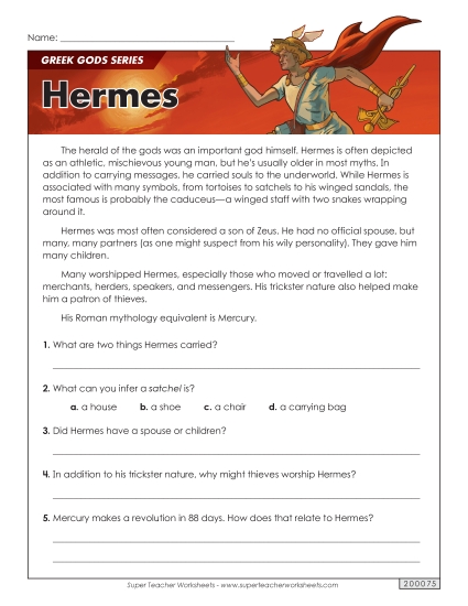 Reading Comprehension - Greek Gods Series: Hermes (Printable PDF Worksheet)