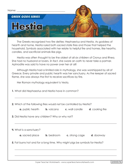 Reading Comprehension - Greek Gods Series: Hestia (Printable PDF Worksheet)
