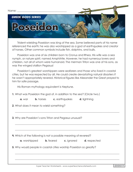 Reading Comprehension - Greek Gods Series: Poseidon (Printable PDF Worksheet)