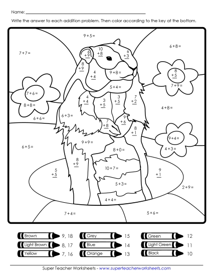 Groundhog Math - Groundhog Addition Picture (Basic) (Printable PDF Worksheet)