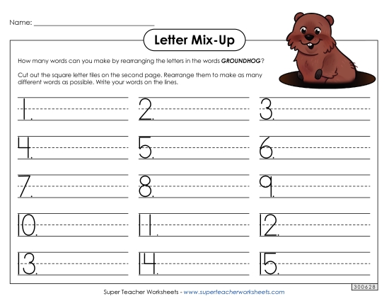 Puzzles & Games - Groundhog Letter Mix (Primary) (Printable PDF Worksheet)
