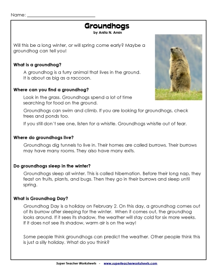 Reading Comprehension - Groundhogs (Non-Fiction; Article) (Printable PDF Worksheet)