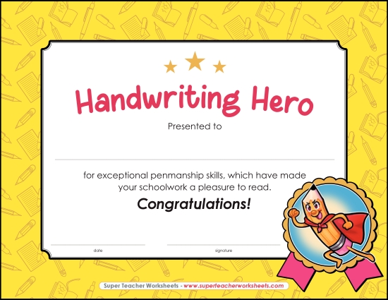 Reading & Writing Awards - Handwriting Hero (Printable PDF Worksheet)