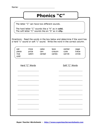 Hard-C and Soft-C, Hard-G and Soft-G - Hard C or Soft C (Printable PDF Worksheet)