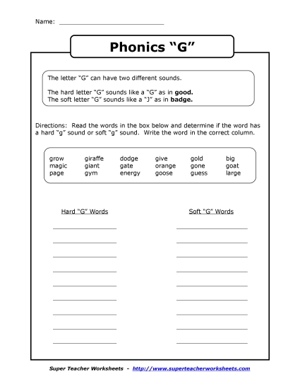 Hard-C and Soft-C, Hard-G and Soft-G - Hard G or Soft G (Printable PDF Worksheet)