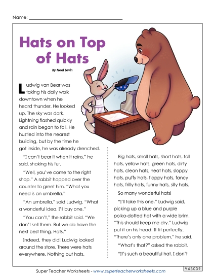 Fiction Stories - Hats on Top of Hats (Printable PDF Worksheet)