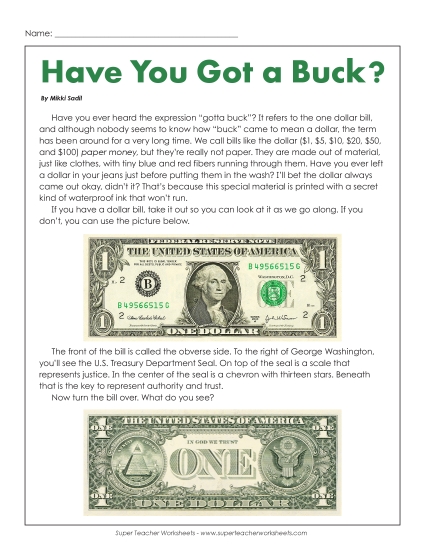 Reading Comprehension - Have You Got a Buck? (Printable PDF Worksheet)