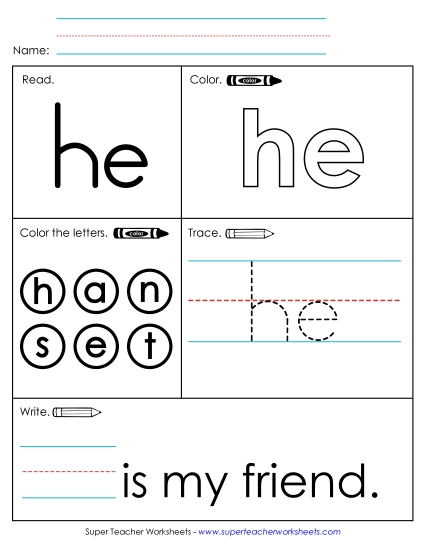 Individual Sight Words - He (Sight Word) (Printable PDF Worksheet)