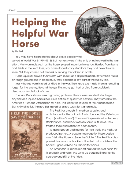 Nonfiction Articles - Helping the Helpful War Horse (Printable PDF Worksheet)