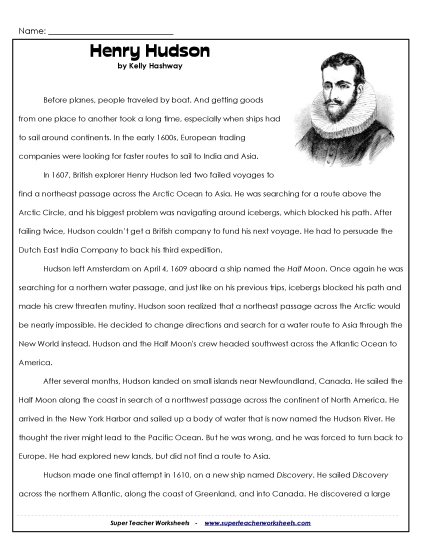 Henry Hudson - Henry Hudson Article (Printable PDF Worksheet)