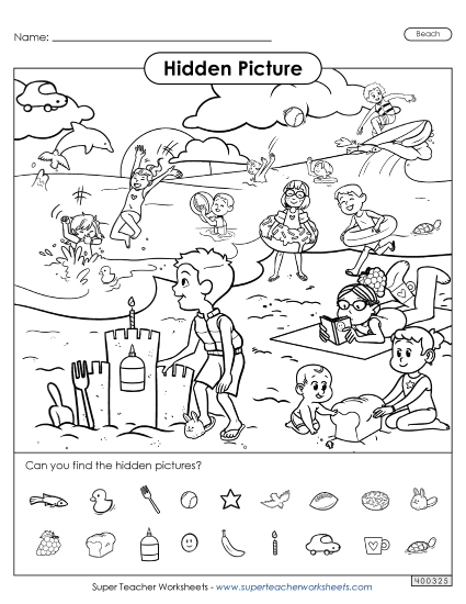 Puzzles & Activities - Hidden Picture Beach Scene (Printable PDF Worksheet)